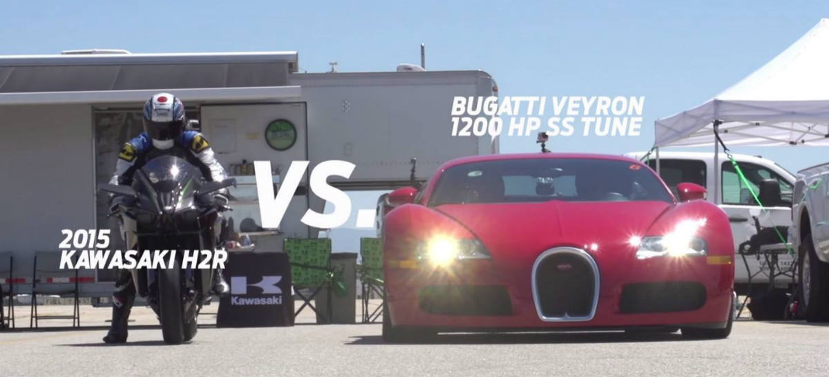 ¿Qué pasa cuando un Bugatti Veyron se enfrenta a una Kawasaki Ninja H2R? Averígualo aquí...